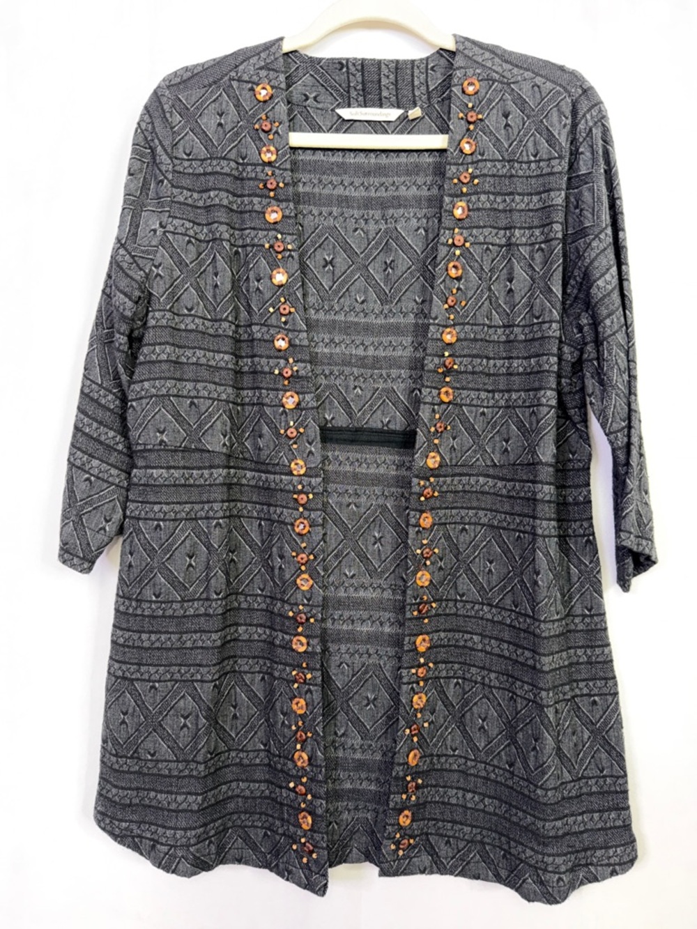 Soft Surroundings Top Women Gray Beatrice Topper Kimono Wood Beads Art Linen
